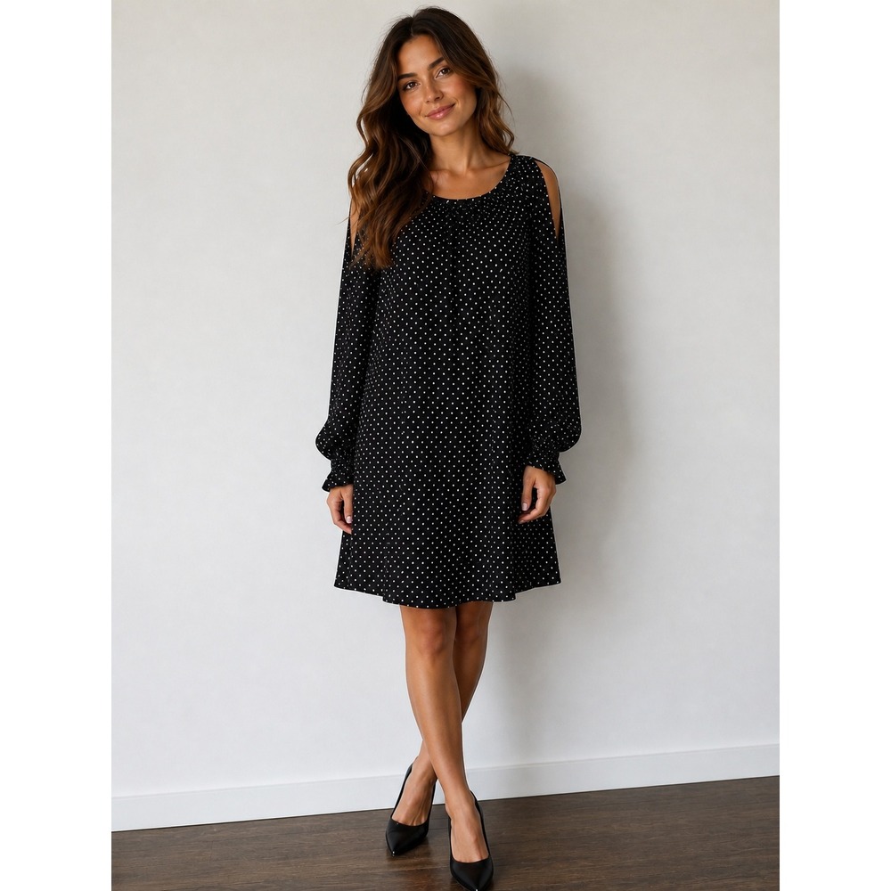 Old Navy Shift Dress Womens M Black Polka Dot Cold Shoulder Classic Mod Office‎